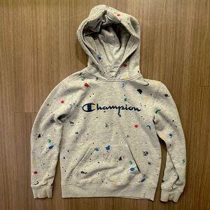 Kids Champion Gray Hoodie with Colorful Splatter. Size M.